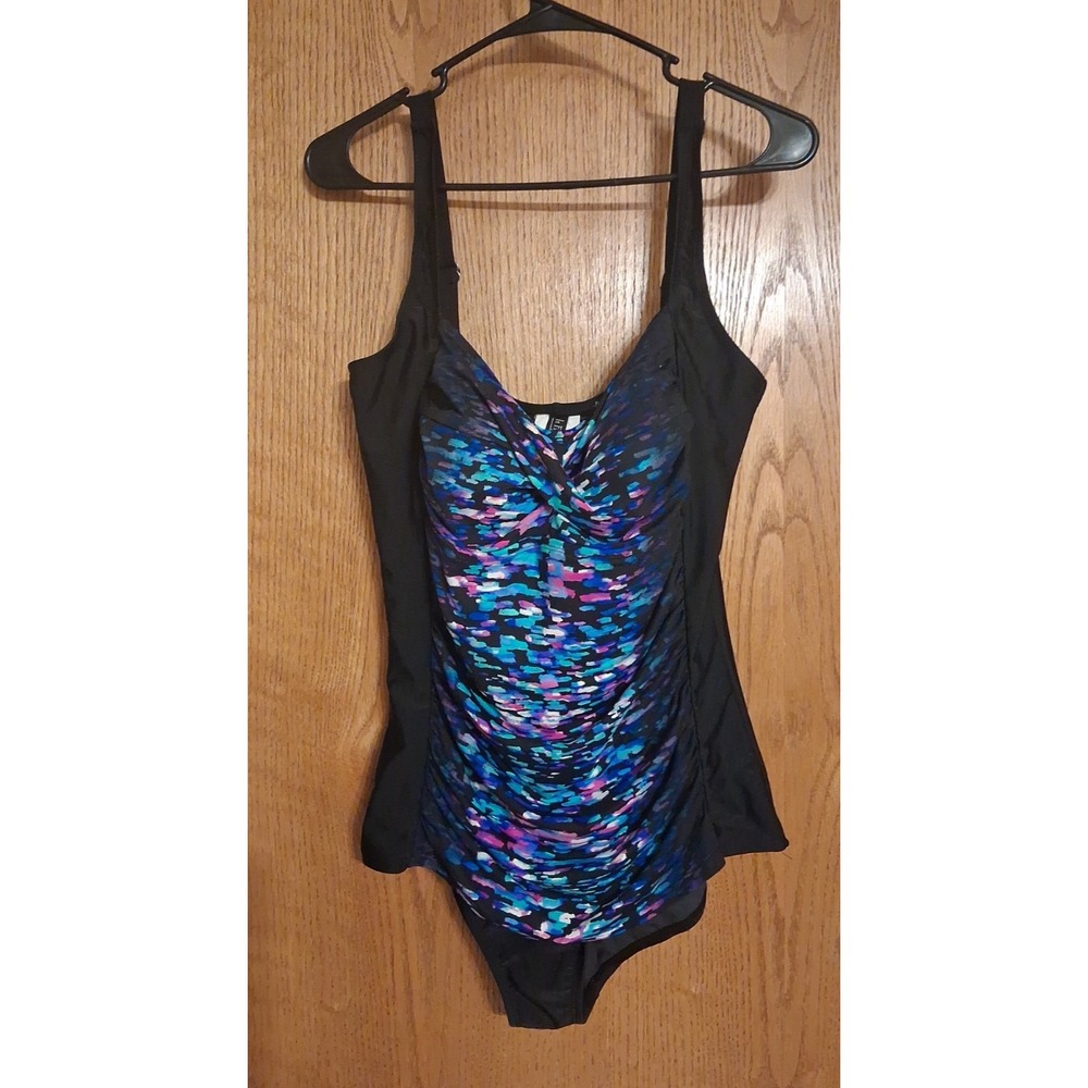 It Figures Women's One Piece Swimsuit Size 14 Tummy Trimmer Black Blue Artsy